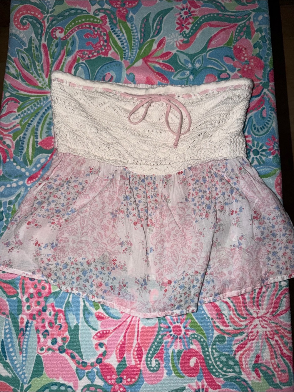 Hollister White Knit Bodice Pink Floral Strapless Peplum Camisole